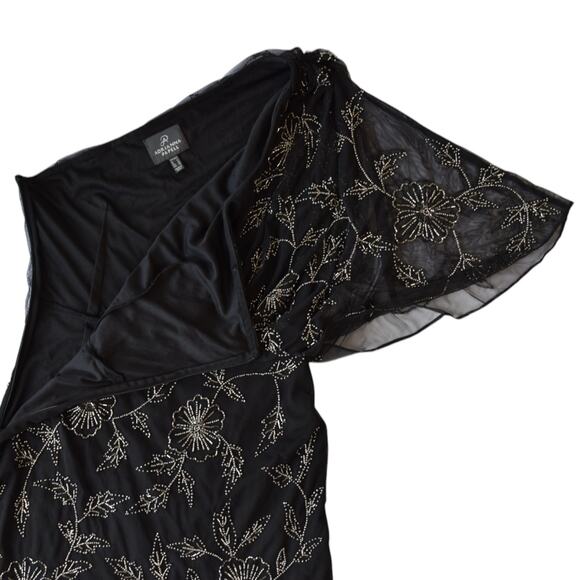Adrianna Papell One-Shoulder Black Beaded Floral Evening Gown Sz 6 - Picture 6 of 9